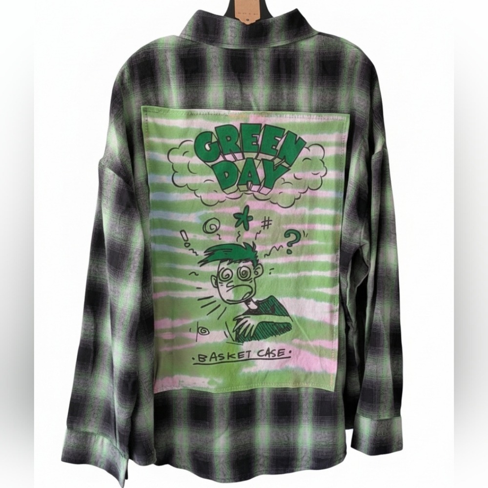 GREEN DAY BASKET CASE Flannel Plaid Shirt Upcycled Hand Crafted
